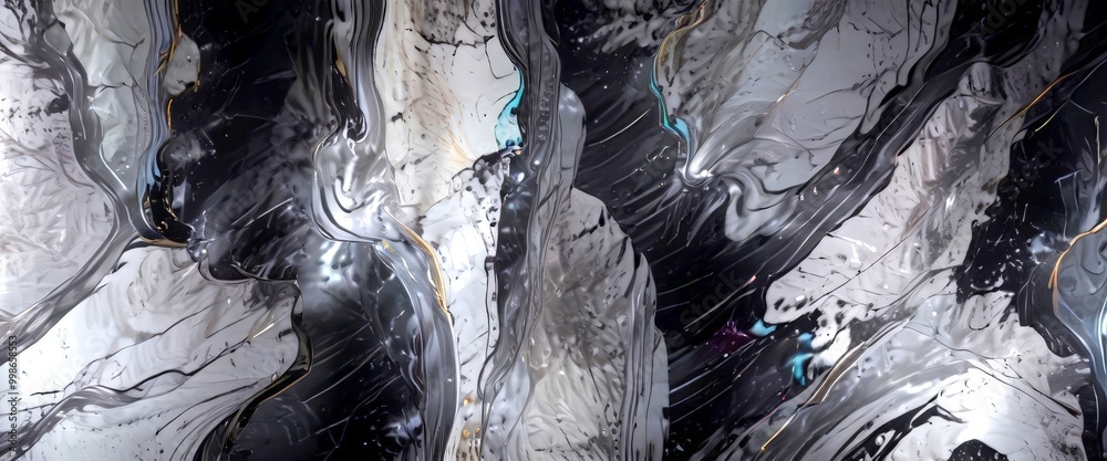 Poster a close-up view textured, abstract painting with a dark background and a pattern of swirling, fluid lines in shades of gray, black, and white