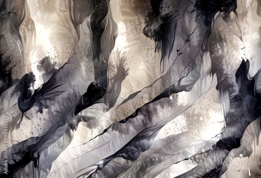 Poster an abstract painting featuring a complex interplay of dark and light colors, with a sense of movemen