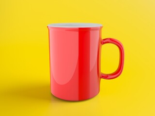 Bright red coffee mug on yellow background