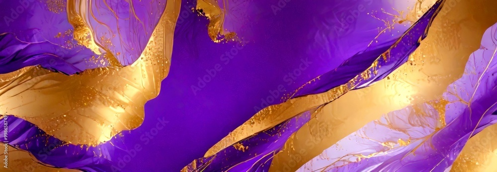 Poster a vibrant abstract composition with a gradient of purple and gold The central focus is a large, curved gold line that extends diagonally across the , creating a sense