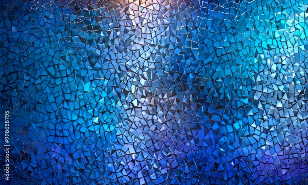 Poster a mosaic pattern composed of small, irregularly shaped tiles in various shades of blue, black, and w
