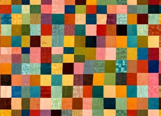 a vibrant abstract painting featuring a grid of squares in a variety of bold, warm colors, including shades of red, orange, yellow, green, blue, and purple