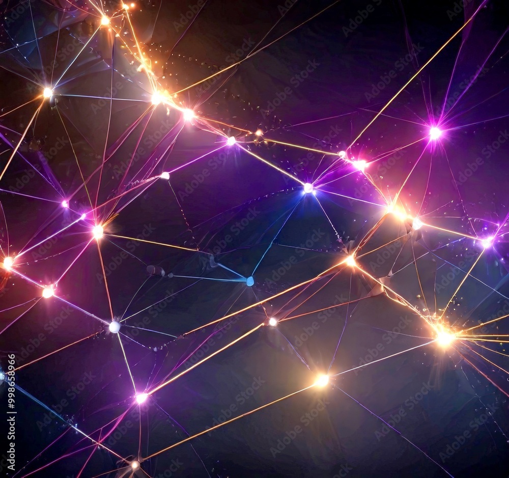Poster a digital illustration network of interconnected lines and dots, creating a vibrant and dynamic visual effect The lines and dots are arranged in a