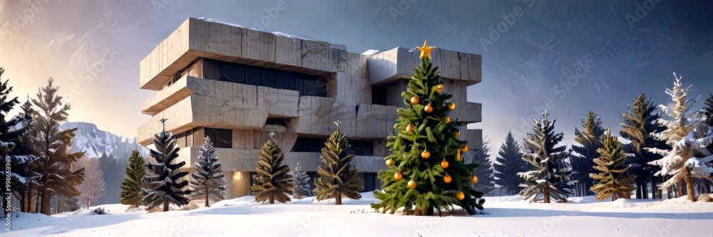 Poster a modern concrete building with a unique architectural design stands amidst a snowy landscape, with 