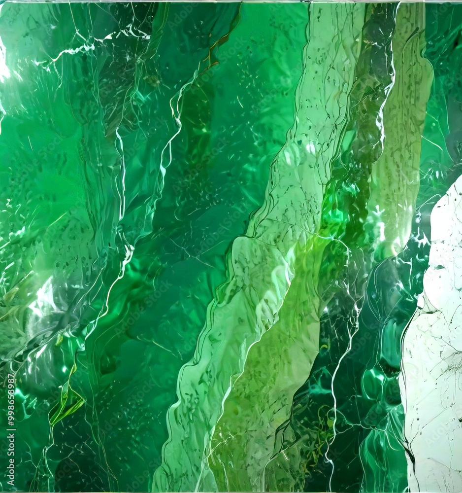 Poster an abstract painting featuring a vibrant green color palette with a textured, layered appearance