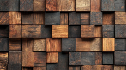 A seamless pattern of wooden blocks in various shades and textures, creating an organic wood wall background.