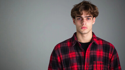 Obraz premium A young man in a plaid flannel shirt, his expression intense and serious as he considers his future, isolated on a plain backdrop with room for copy space.