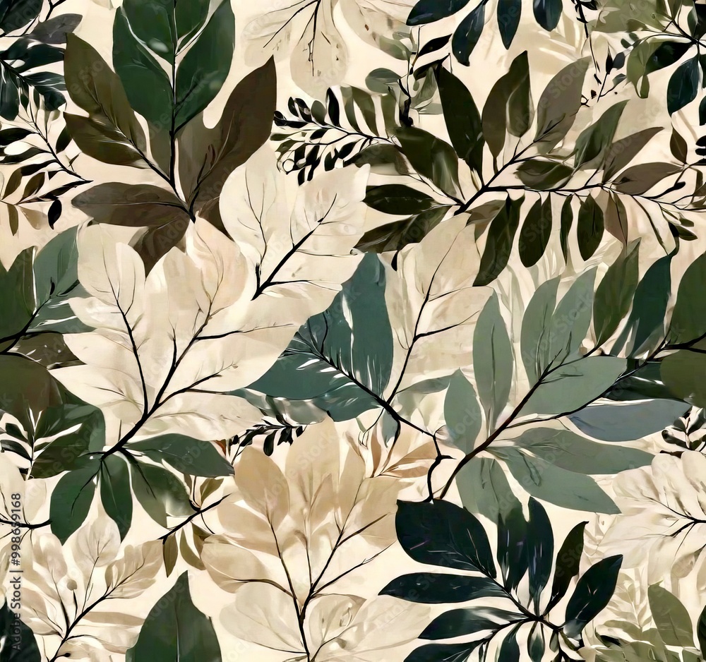 Poster a repeating pattern of leaves in various shades of green, brown, and beige, creating a natural and o