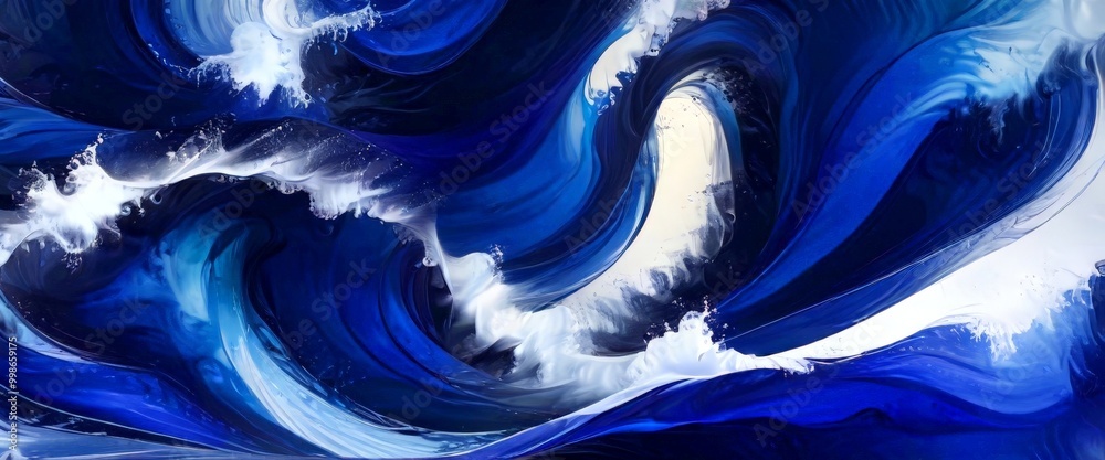 Poster a dynamic and swirling ocean scene, with waves of varying sizes and shapes, predominantly in shades 