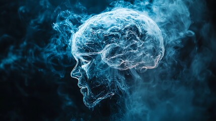 Obraz premium Blue smoke swirls to form the concept of a human brain in abstract.