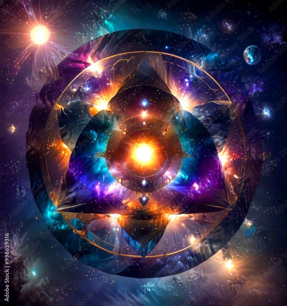 Poster a digital artwork featuring a vibrant, abstract design with a central, fiery orb surrounded by a circular pattern of swirling, multicolored shapes and