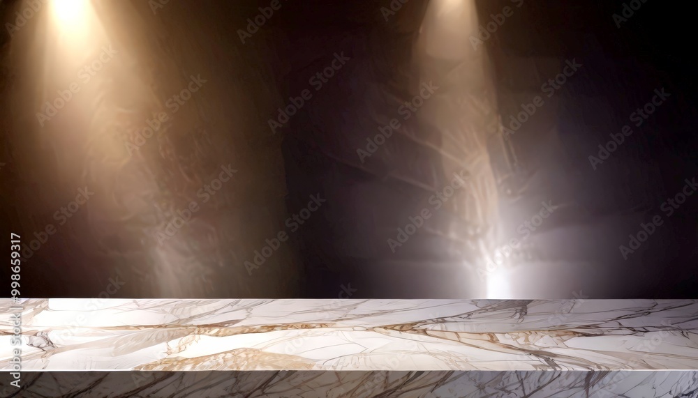 Poster a marble countertop with a dark background and two spotlights shining on it