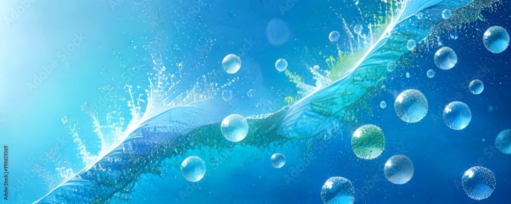 Poster a vibrant underwater scene with a wave-like pattern of bubbles and water droplets, creating a dynamic and lively atmosphere
