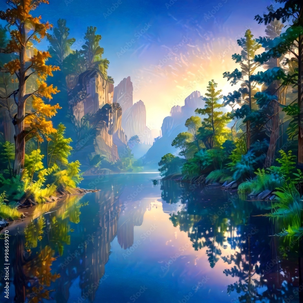 Poster a serene landscape with a calm lake reflecting the surrounding mountains and trees, bathed in the wa