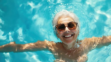 Naklejka premium Senior woman with sunglasses smiling while floating in pool water.