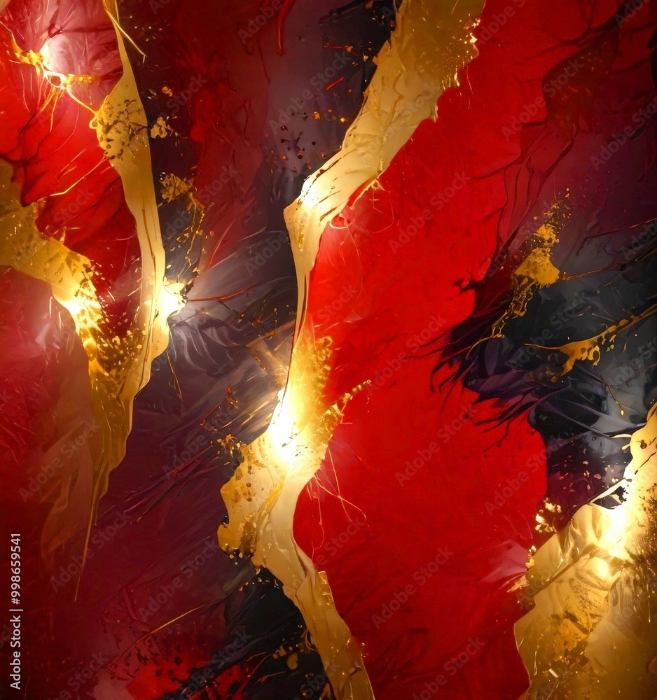 Poster an abstract digital artwork featuring a striking contrast of red, gold, and black colors, with splas