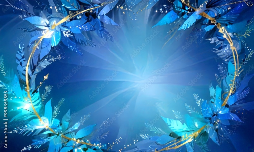 Poster a wreath of blue and gold flowers and leaves, with a radiant light source in the center, creating a 