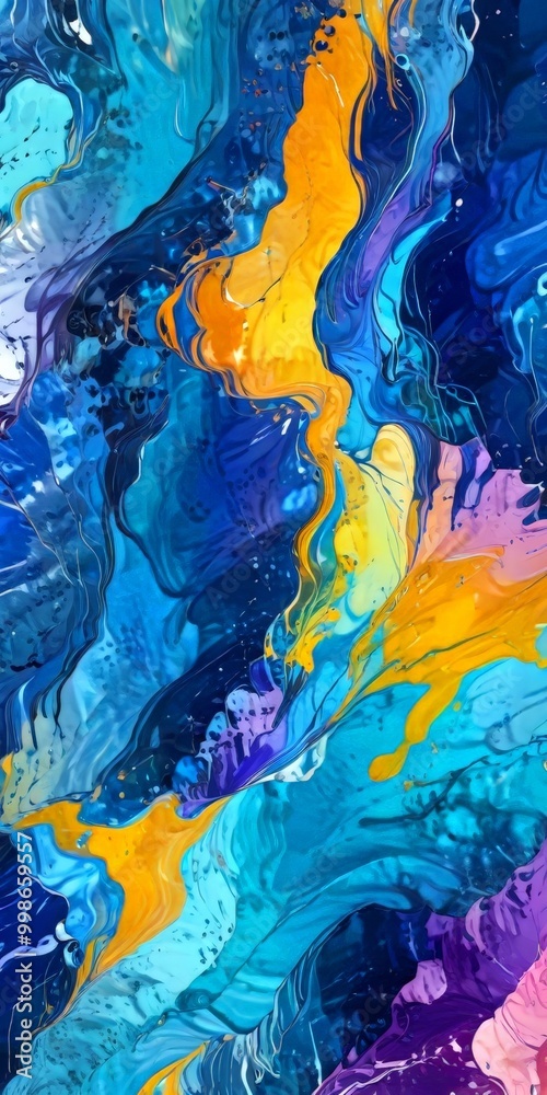 Poster an abstract digital artwork featuring a swirling pattern of blue, yellow, and purple hues, with spla