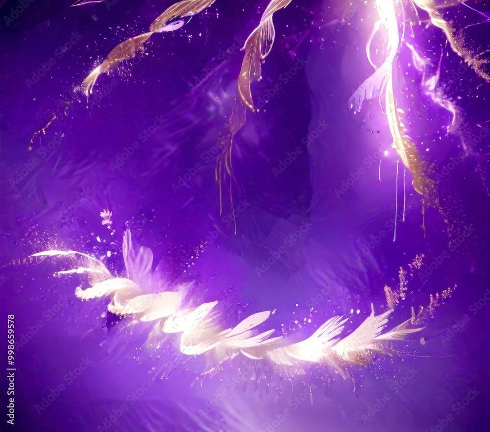 Poster a fantastical scene with a purple background, white and gold feathers, and a stream of light emanati