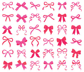 Vector Illustration of pink vintage bows. Girly hair decor, flat icon. Ribbons isolated. Trendy girls accessories. Cute hairstyle elements collection. Simple hand drawn bow collection. Bowknot for dec