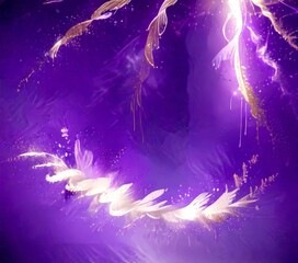 Fototapeta premium a fantastical scene with a purple background, white and gold feathers, and a stream of light emanating from the top right corner, creating a sense of movement and energy