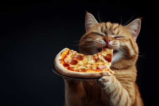 funny and cute  cat eating slice of pizza