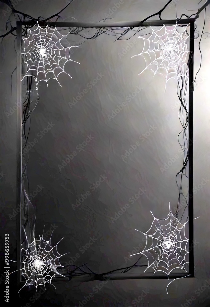 Aufkleber A dark, moody featuring a black frame with four spider web silhouettes on either side, creating a symmetrical and balanced composition