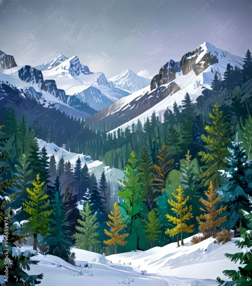 Poster a serene winter landscape features snow-capped mountains, a dense forest of evergreen and deciduous 