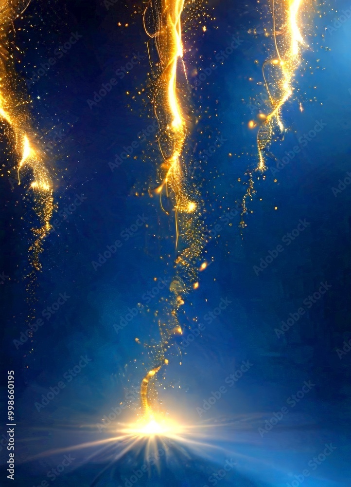Poster a dramatic scene bright, radiant light source at the center, surrounded by a swirling pattern of golden particles that appear to be in motion, creating a sense of