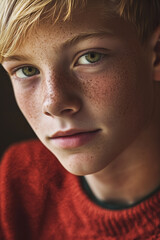 Fototapeta premium Portrait of cheeky teenage boy with freckles, blond hair and green eyes in red sweater. Shallow depth of field.