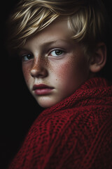 Fototapeta premium Portrait of cheeky teenage boy with freckles, blond hair and green eyes in red sweater. Shallow depth of field.