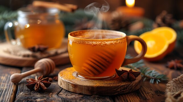 Traditional Russian sbiten served in a wooden cup, the hot, spiced honey drink steaming lightly. The cup is set on a rustic wooden table with a backdrop of a traditional Russian cabin, 
