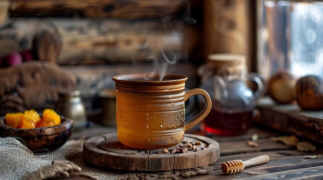 Traditional Russian sbiten served in a wooden cup, the hot, spiced honey drink steaming lightly. The cup is set on a rustic wooden table with a backdrop of a traditional Russian cabin, 