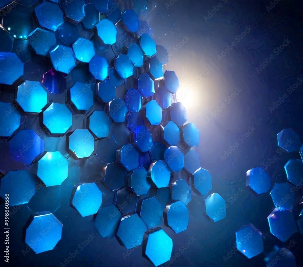 Poster a captivating arrangement of blue hexagonal shapes, creating a dynamic and visually striking pattern against a dark background