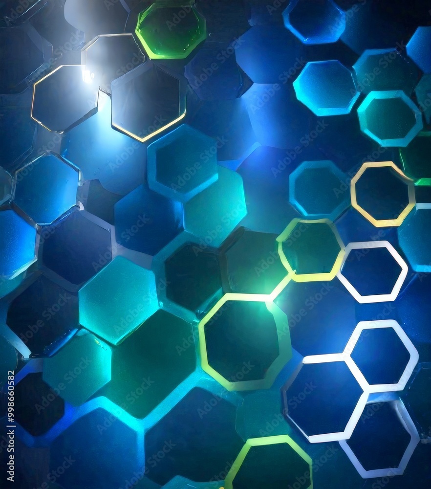 Poster a pattern of hexagonal shapes in various shades of blue, green, and yellow, creating a visually striking and abstract design