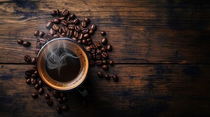 A steaming cup of coffee surrounded by coffee beans on a rustic wooden surface, evoking warmth and a cozy atmosphere.