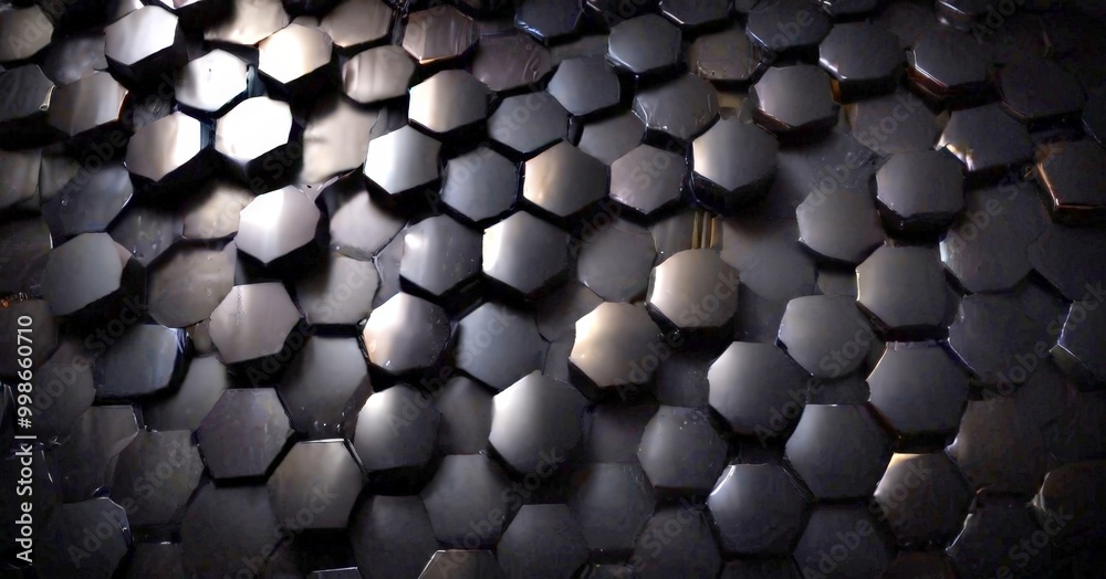 Poster A close-up view dark, textured surface composed of numerous small, hexagonal shapes in varying shades of black, creating a visually striking pattern