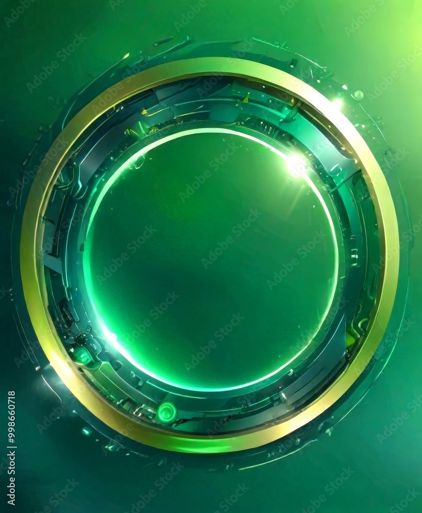 Aufkleber a circular, glowing green space with a metallic, futuristic design The space appears to be a void or a void-like area, with a metallic ring encircling it The background is