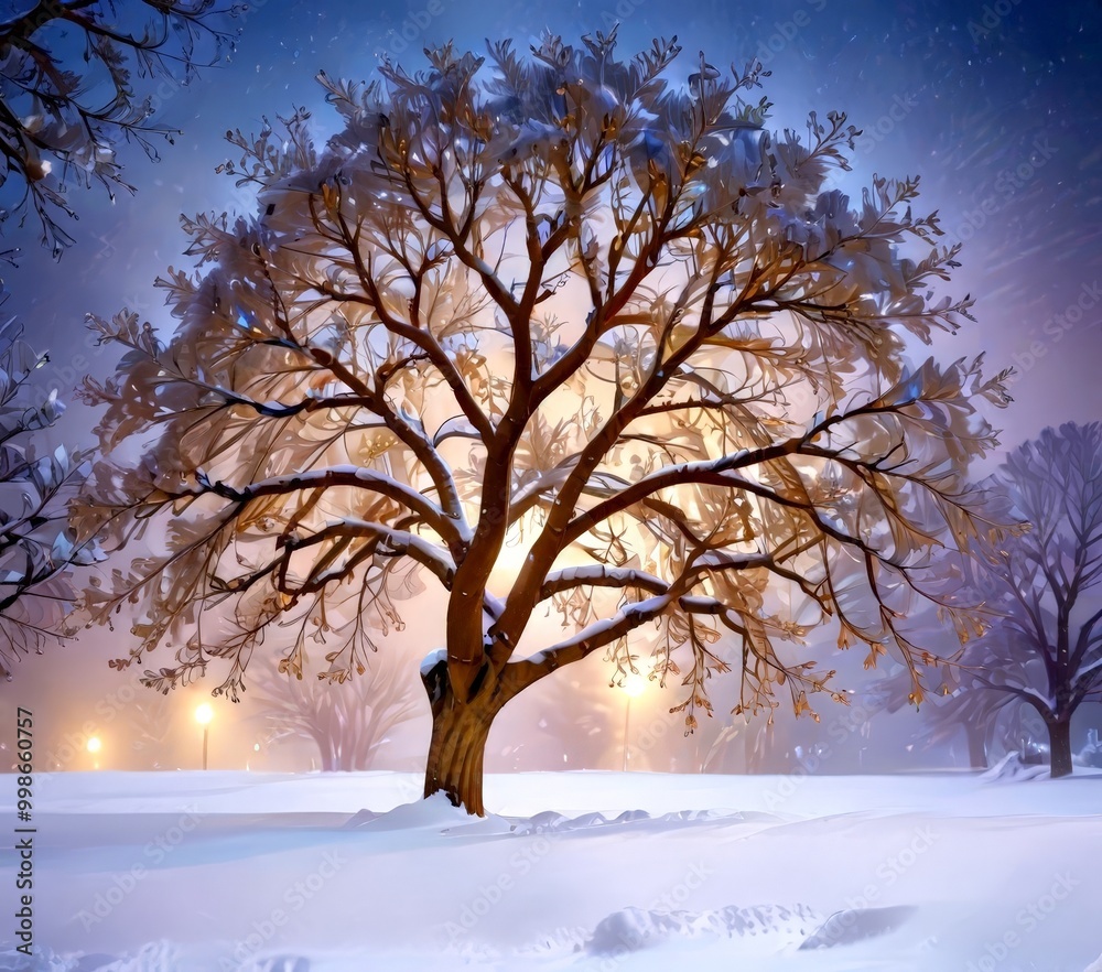 Poster A snow-covered tree with bare branches stands in a snowy field, illuminated by the warm glow of street lamps in the distance