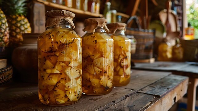 Traditional Mexican tepache being fermented, the process captured with large glass jars filled with pineapple peels and sugar. The jars are set on a rustic wooden counter with a Mexican kitchen 