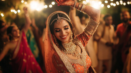 beautiful Indian woman in traditional dress dancing at a wedding.