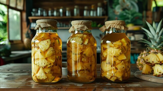 Traditional Mexican tepache being fermented, the process captured with large glass jars filled with pineapple peels and sugar. The jars are set on a rustic wooden counter with a Mexican kitchen 
