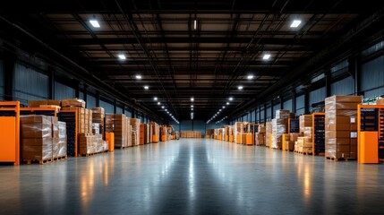 Obraz premium Modern Warehouse with Stacked Boxes and Pallets