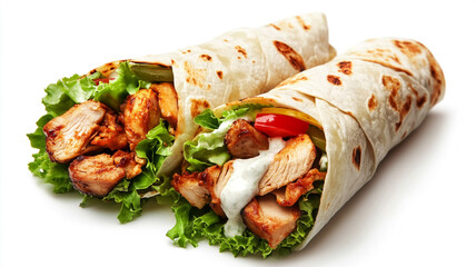 chicken shawarma with white sauce on white background.