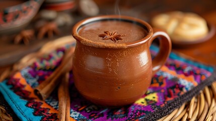 Traditional Mexican champurrado served in a rustic clay mug, the thick, chocolatey drink steaming lightly. The mug is set on a colorful woven tablecloth with a backdrop of a traditional Mexican 