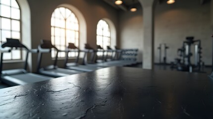 Black Table Top with Blurred Gym Background