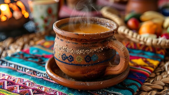 Traditional Mexican atole served in a rustic clay mug, the warm, thick drink steaming lightly. The mug is set on a colorful woven tablecloth with a backdrop of a traditional Mexican kitchen, 