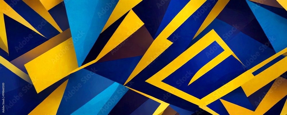 Poster a geometric pattern composed of intersecting lines and triangles in various shades of blue, yellow, and brown, creating a visually striking and abstract design
