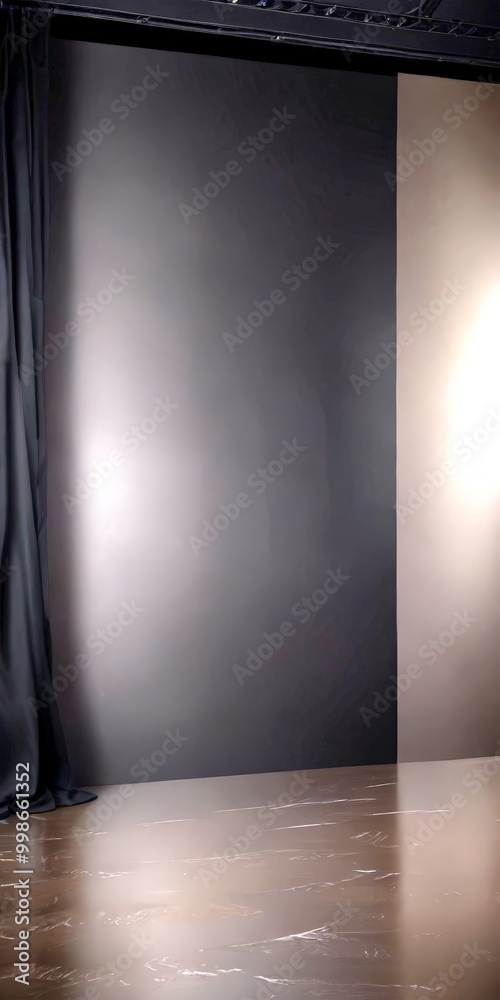 Poster a dark, empty room with a black curtain on the left and a light-colored wall on the right, creating 