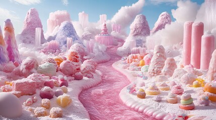 A whimsical candyland with pink paths, fluffy clouds, and colorful sweets, creating a dreamlike landscape full of sugary delights.